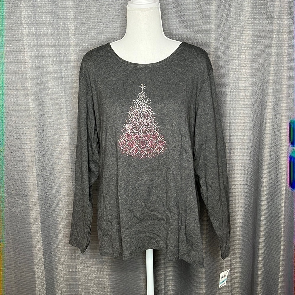KAREN SCOTT WOMAN SIZE 0X CHARCOAL HEATHER GRAY LONG SLEEVED HENLEY TSHIRT New